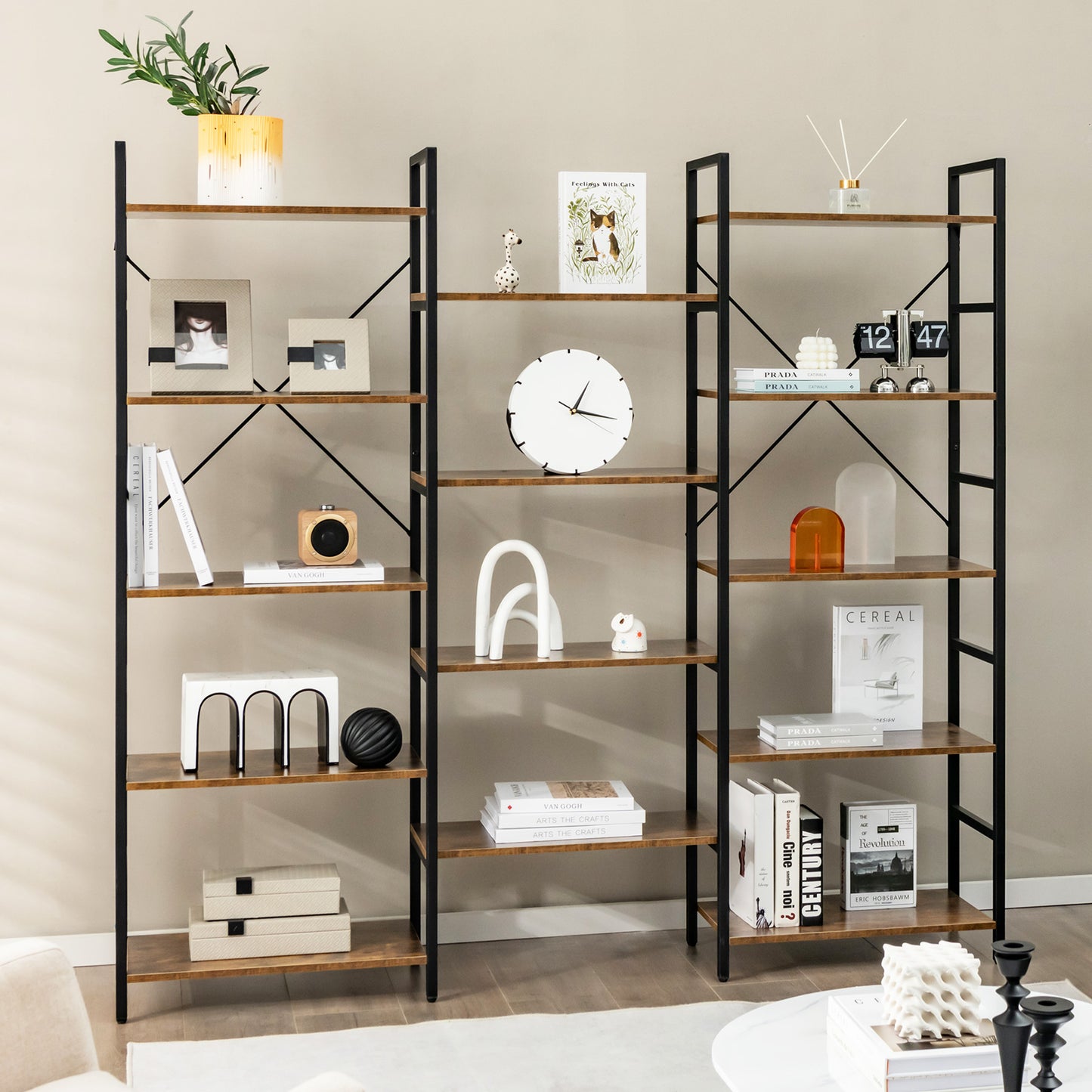 5-Tier Industrial Bookshelf with 14 Open Shelves for Home Office-Brown