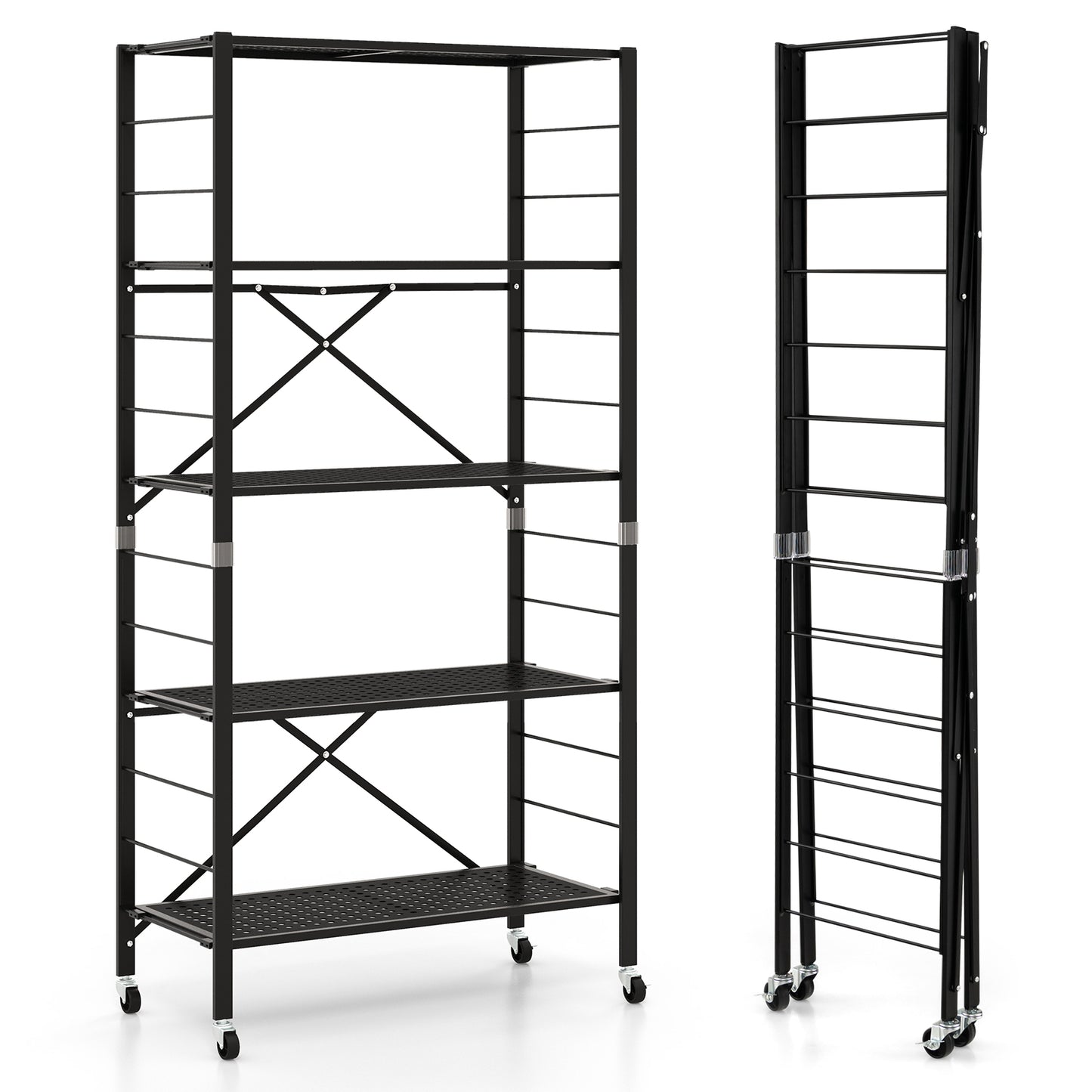 5-Tier Folding Storage Shelves with Adjustable Shelves and Wheels-Black