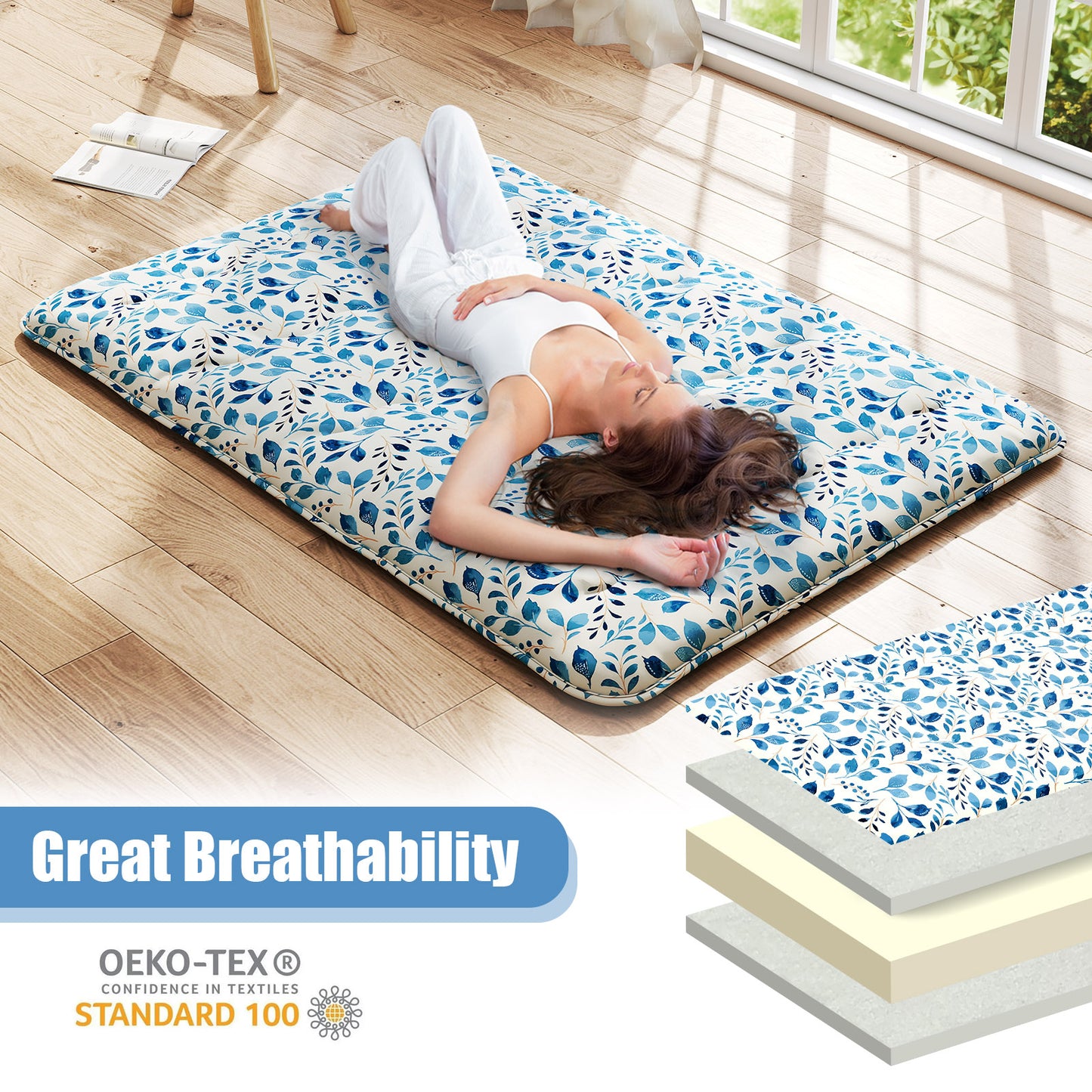 Japanese Floor Mattress with Washable Cover and Carry Bag-Blue & White-Double Size