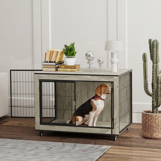 PawHut Dog Crate Furniture with Wheels, Double Doors, for Medium Dogs, Grey