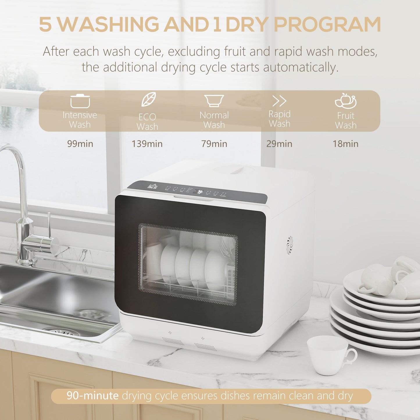 HOMCOM 6L Five-Mode Tabletop Dishwasher - White