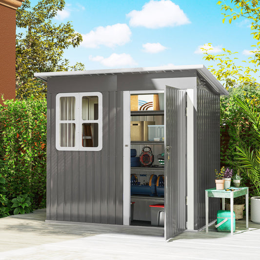 Outsunny 7 x 4ft Eco-friendly Galvanised Steel Garden Shed, with Lock and Gloves, 40kg/ã¡ Snow Capacity - Grey