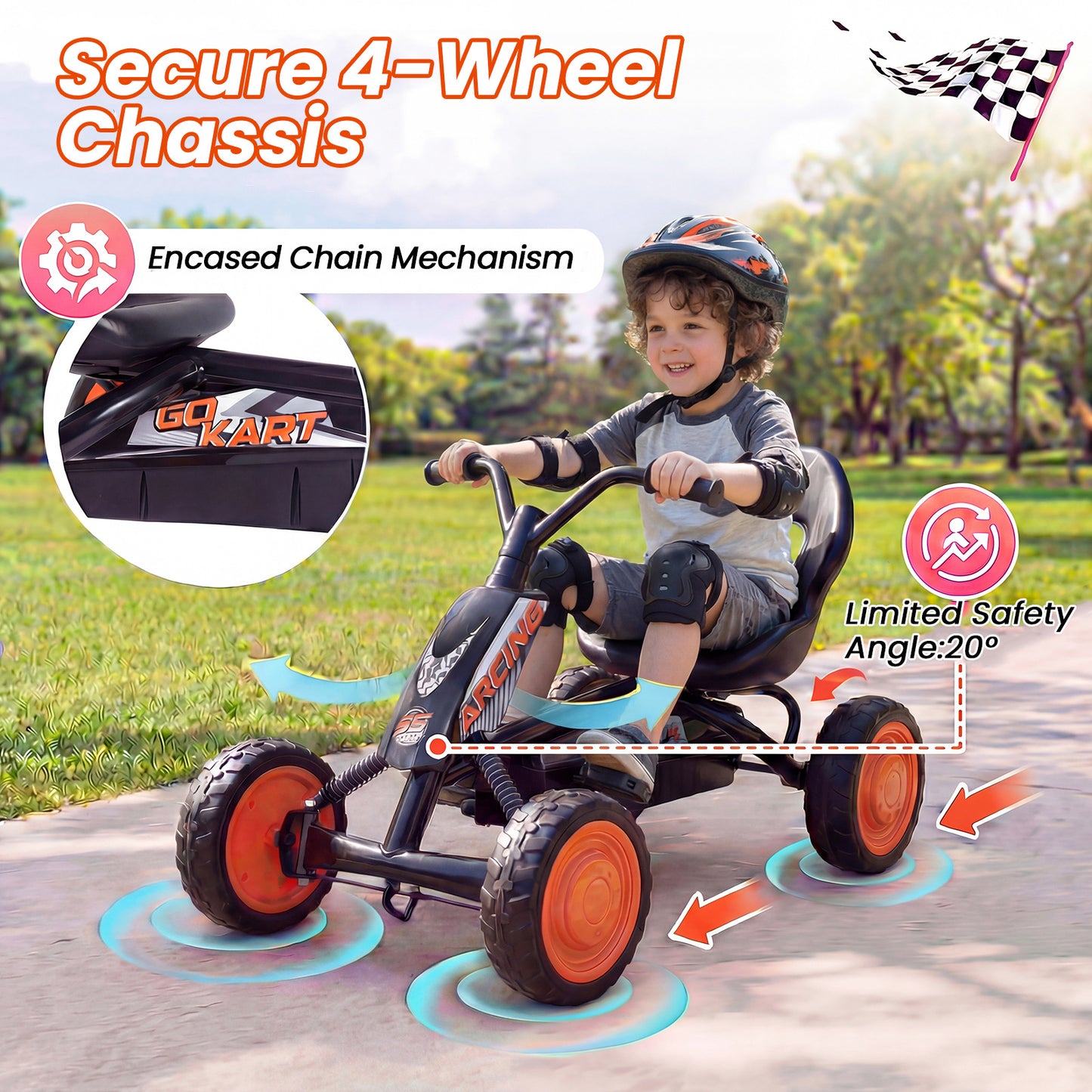 Kids Pedal Go Kart 4 Wheel with 2-Position Seat & Wear-Resistant Wheels-Black