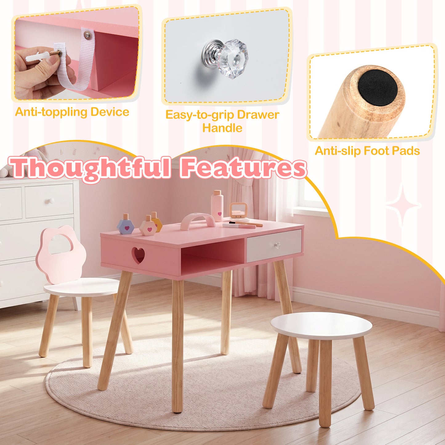 Kids Pretend Nail Salon Playset with Chair and Stool Wooden Toddlers Makeup and Manicure Kit-Pink