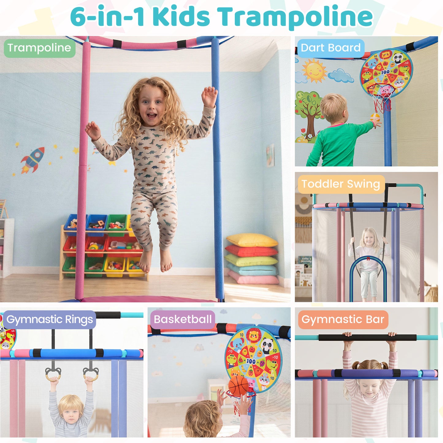 Kids Trampoline with Safety Net for Indoor and Outdoor Use-Blue
