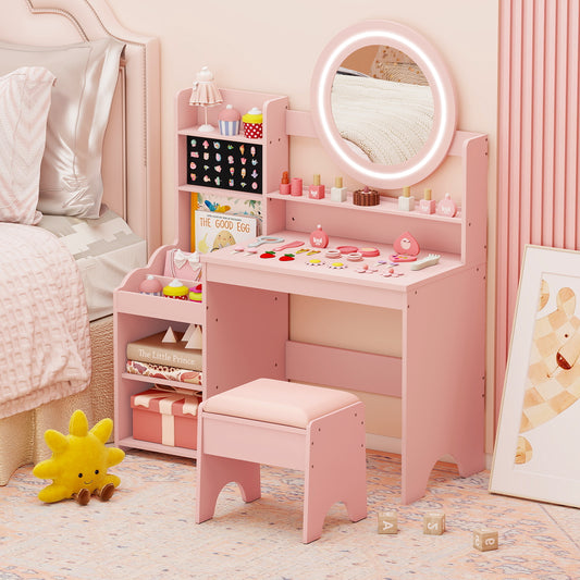 Kids Vanity Desk Princess Pretend Play Dressing Table Set with Mirror and Lights-Pink