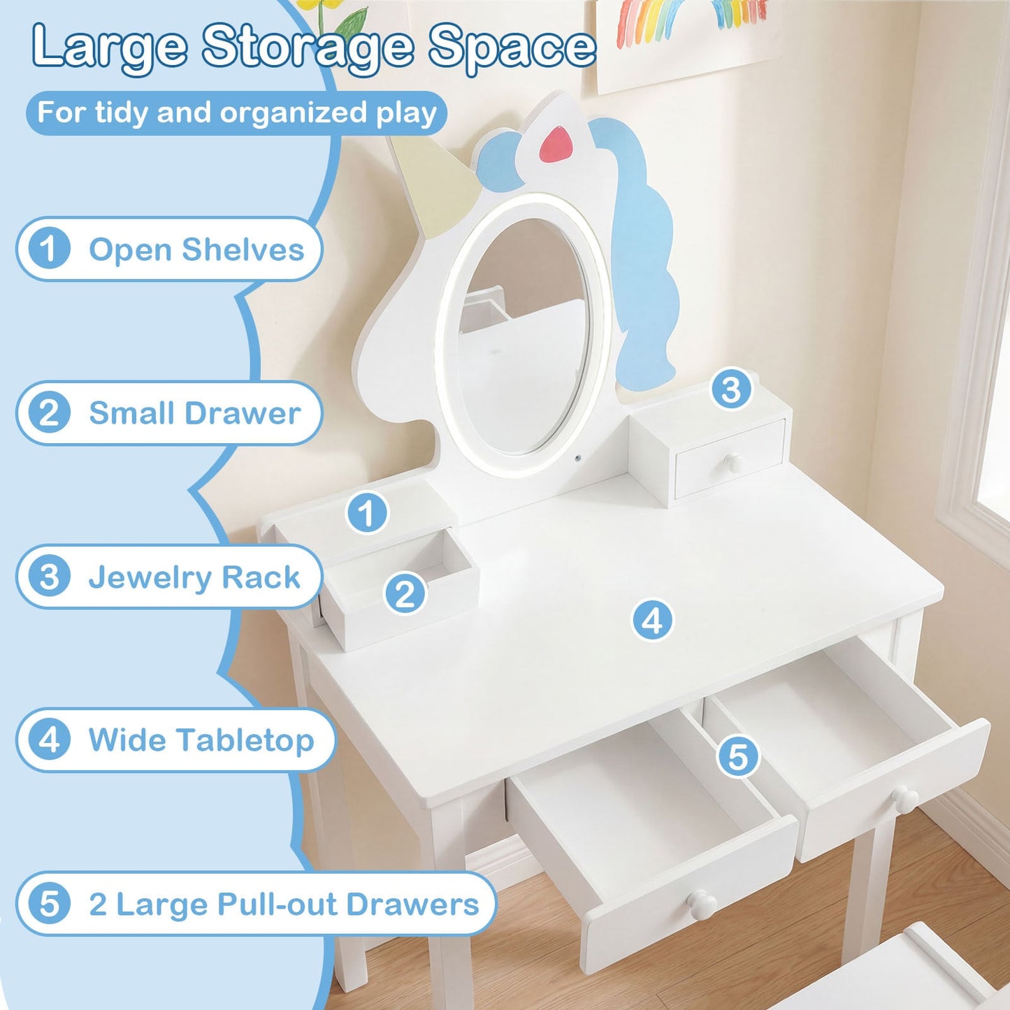 Kids Vanity Set with Lighted Unicorn Mirror & Stool and Jewelry Rack for Girls-White