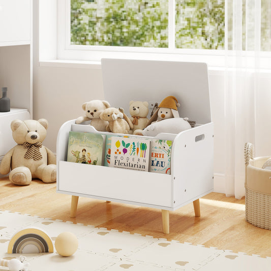 Kids Wooden Toy Box with Front Bookshelf 4 Solid Wood Legs-White
