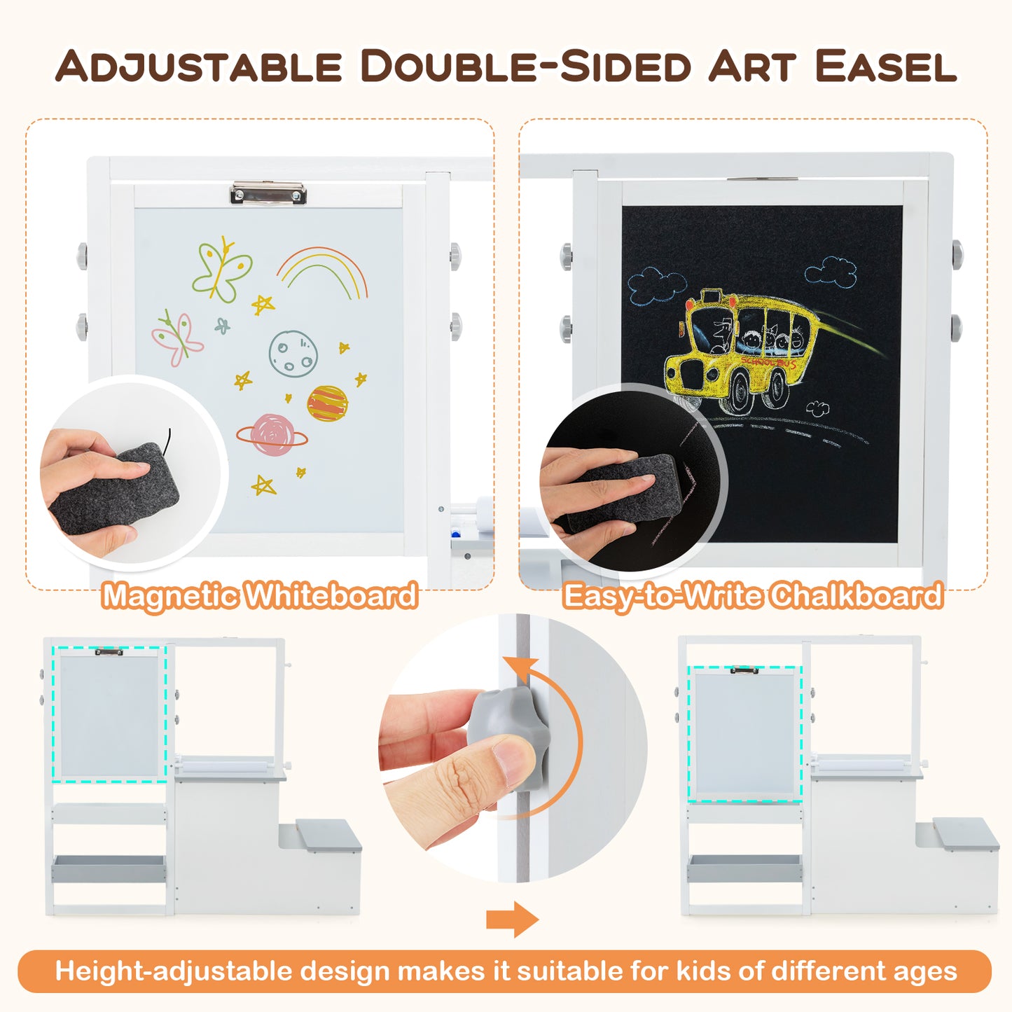 Kids Art Easel Table and Bench Set with Adjustable Easel and Bookshelf-Light Grey