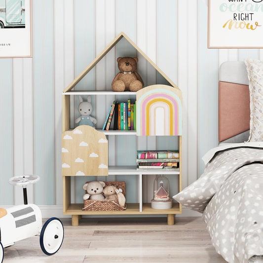 Kids Dollhouse Bookshelf with 2 Doors for Playroom Bedroom-Natural