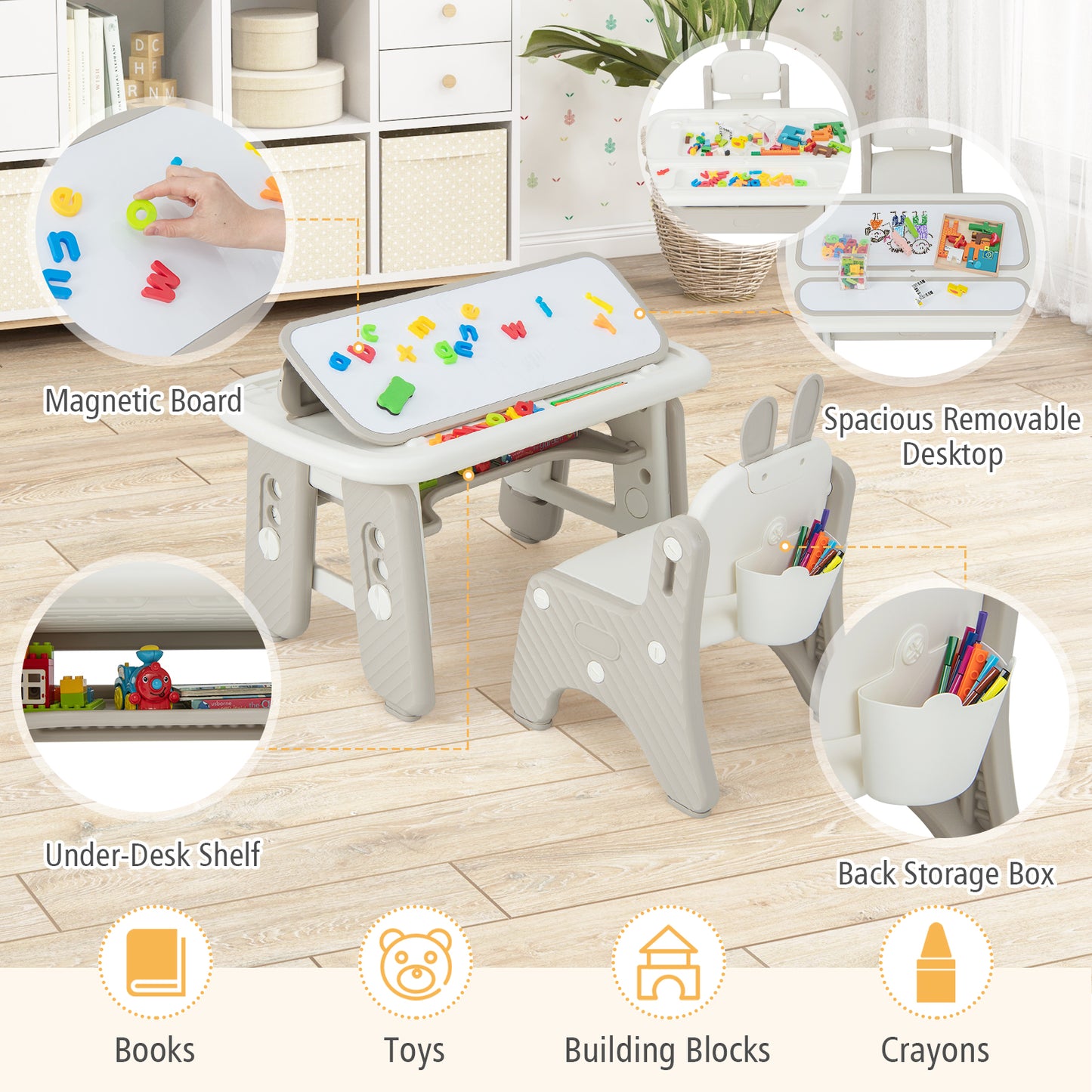 Kids Drawing Table and Chair Set with Flip-Top Tabletop Bookshelf-Grey