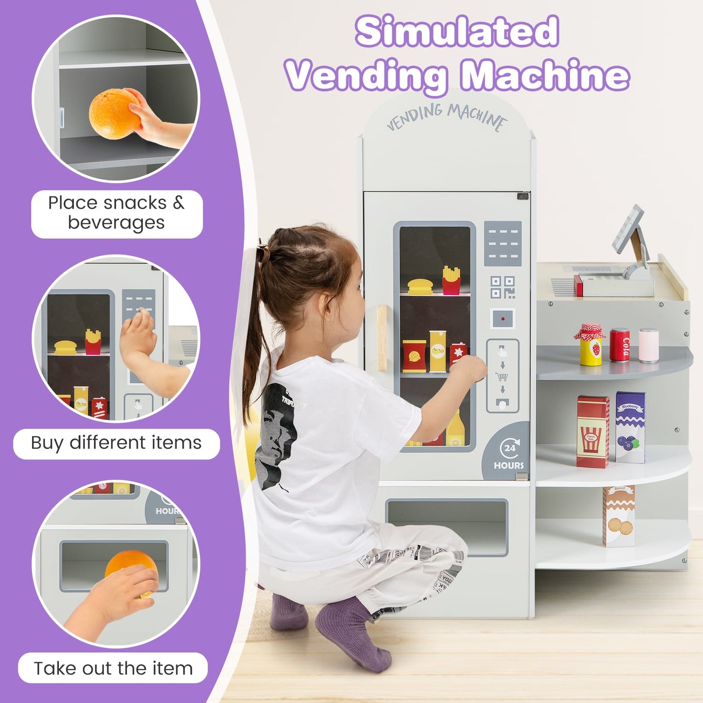 Kids Grocery Store Playset with Cash Register and Writable Chalkboard-Grey