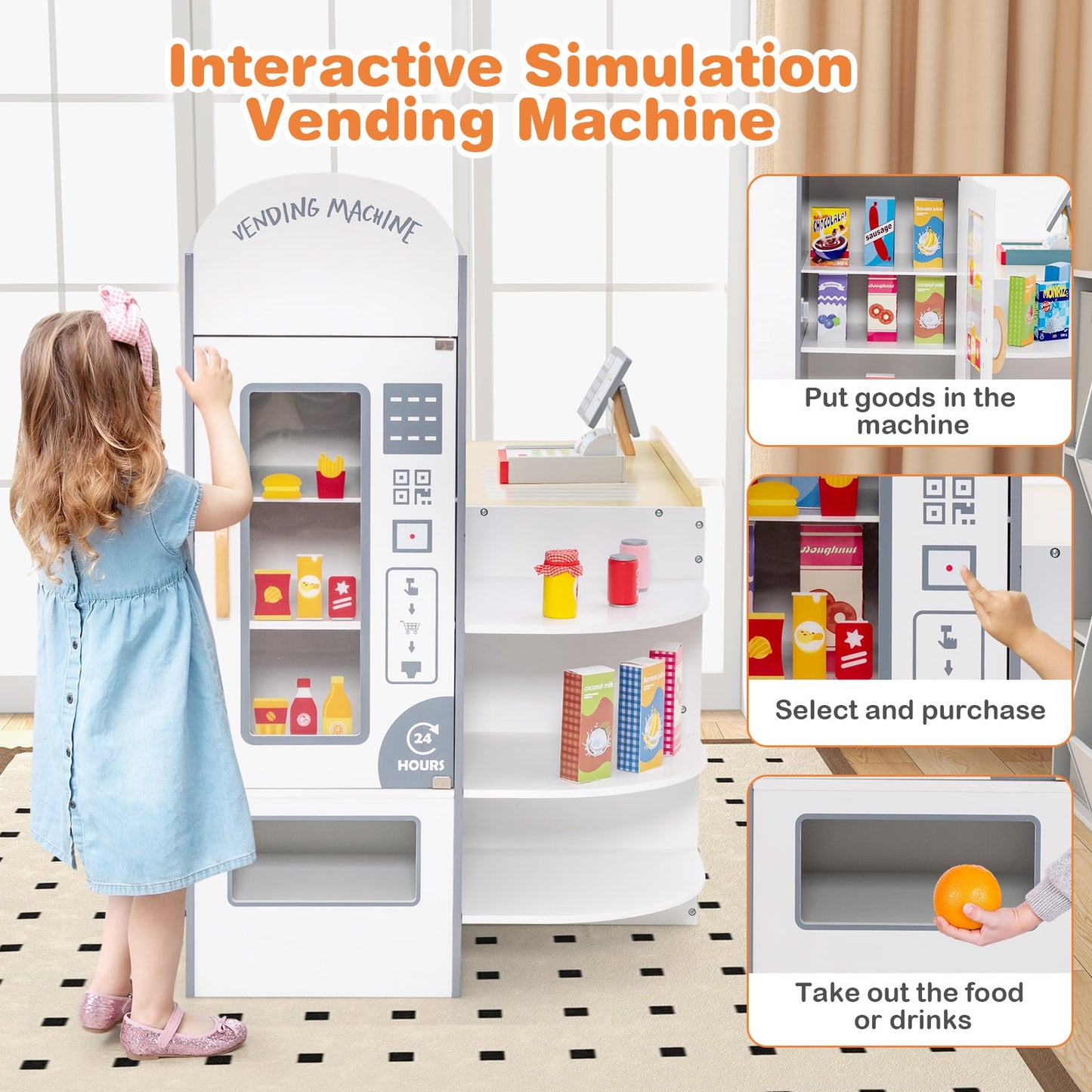 Kids Grocery Store Playset with Cash Register and Writable Chalkboard-White