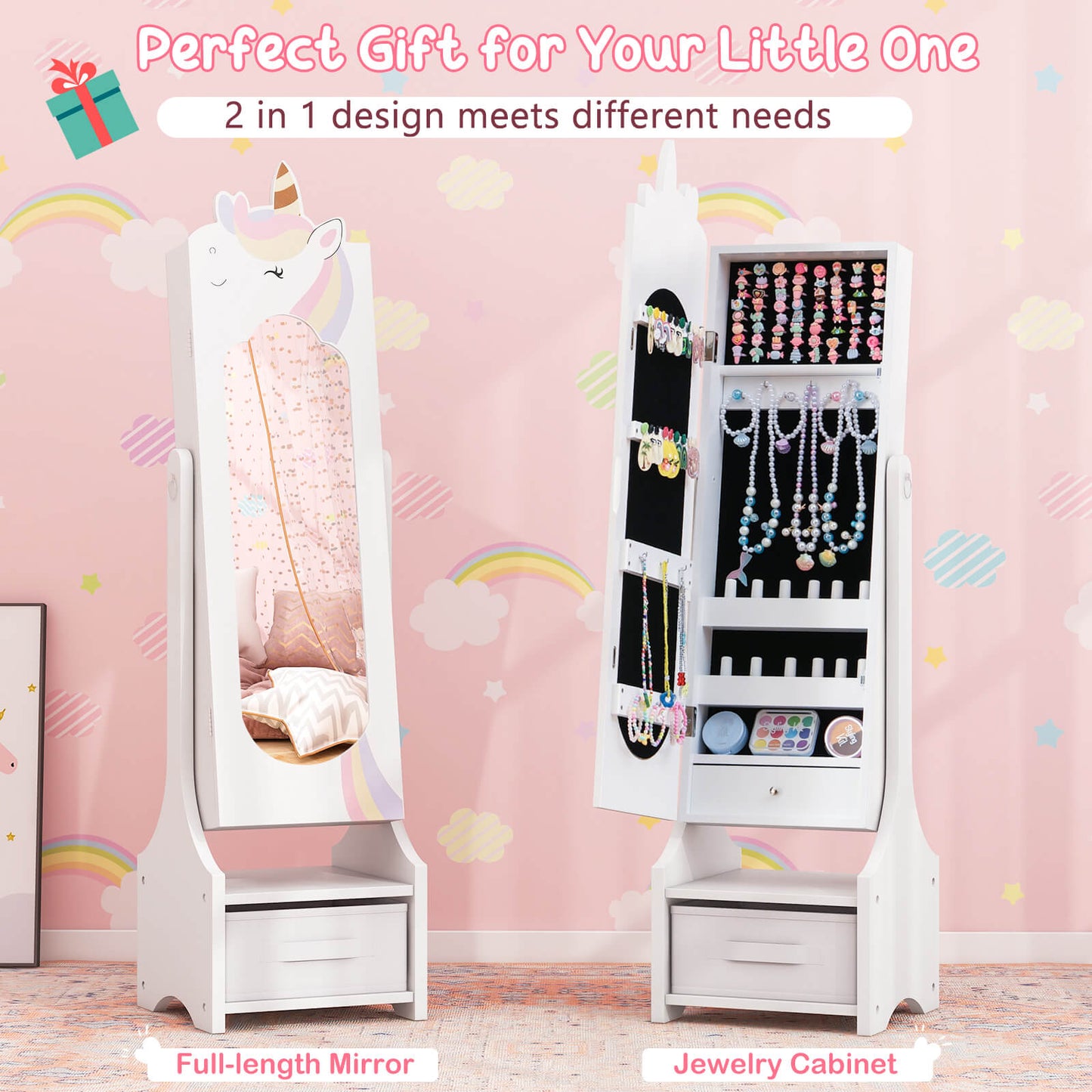 Kids Jewelry Armoire Cabinet Full Length Mirror with Tilt Angles-White