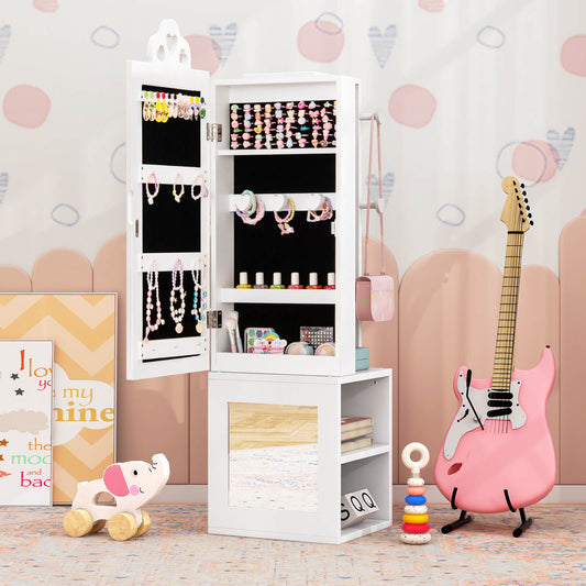 Kids Jewelry Armoire Full Length Mirror with Coat Rack and Storage Shelves-White
