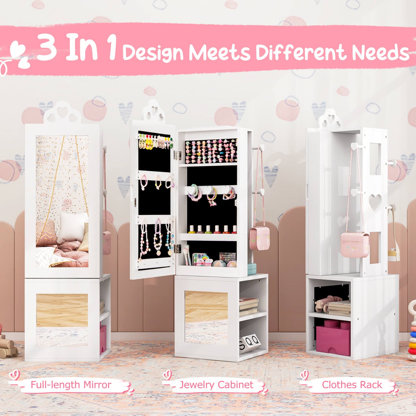 Kids Jewelry Armoire Full Length Mirror with Coat Rack and Storage Shelves-White