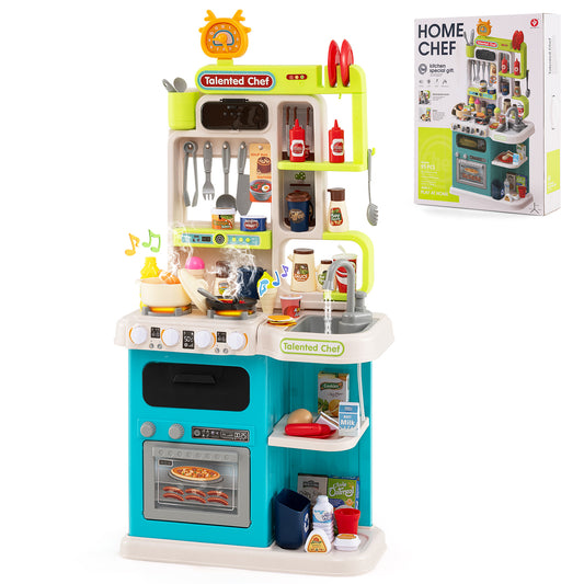 Kids Kitchen Playset Pretend Play Kitchen with Realistic Sounds and Lights-Blue