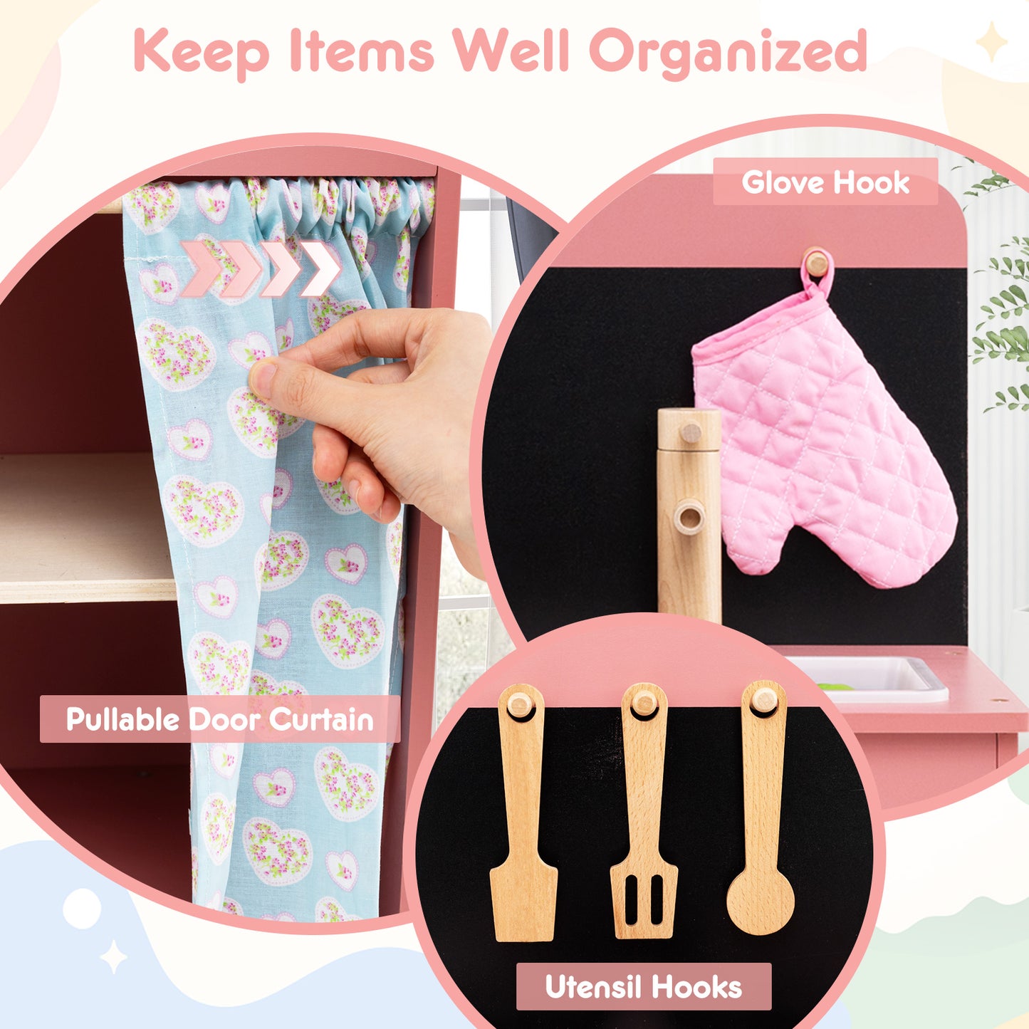 Kids Play Kitchen Set with Door Curtain and Stoves and Apron-Pink