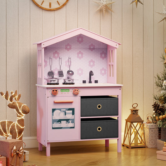 Kids Play Kitchen with 2 Stoves and Drawers and Dishwasher-Pink