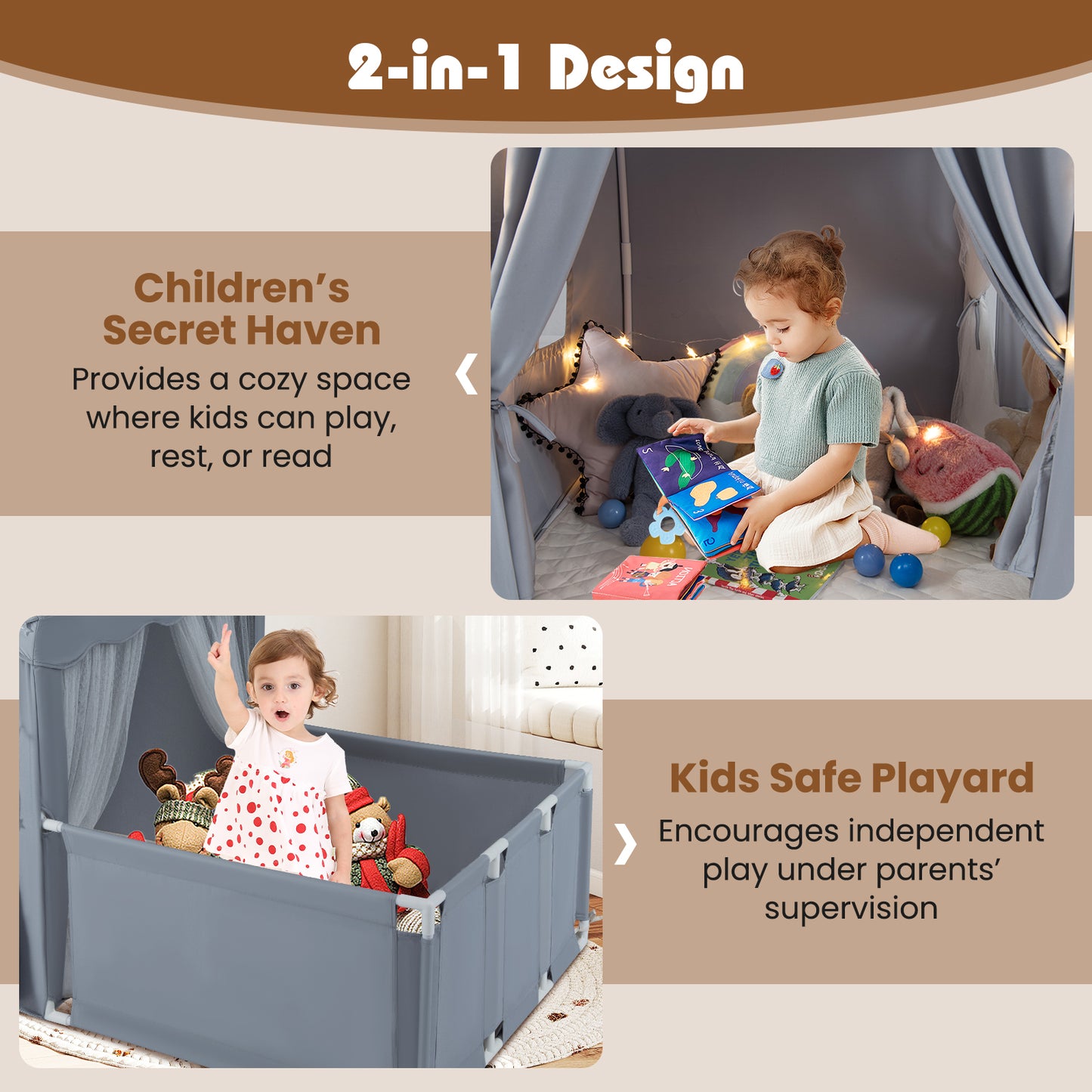 2-in-1 Kids Play Tent with Playpen and Washable Cotton Mat-Grey