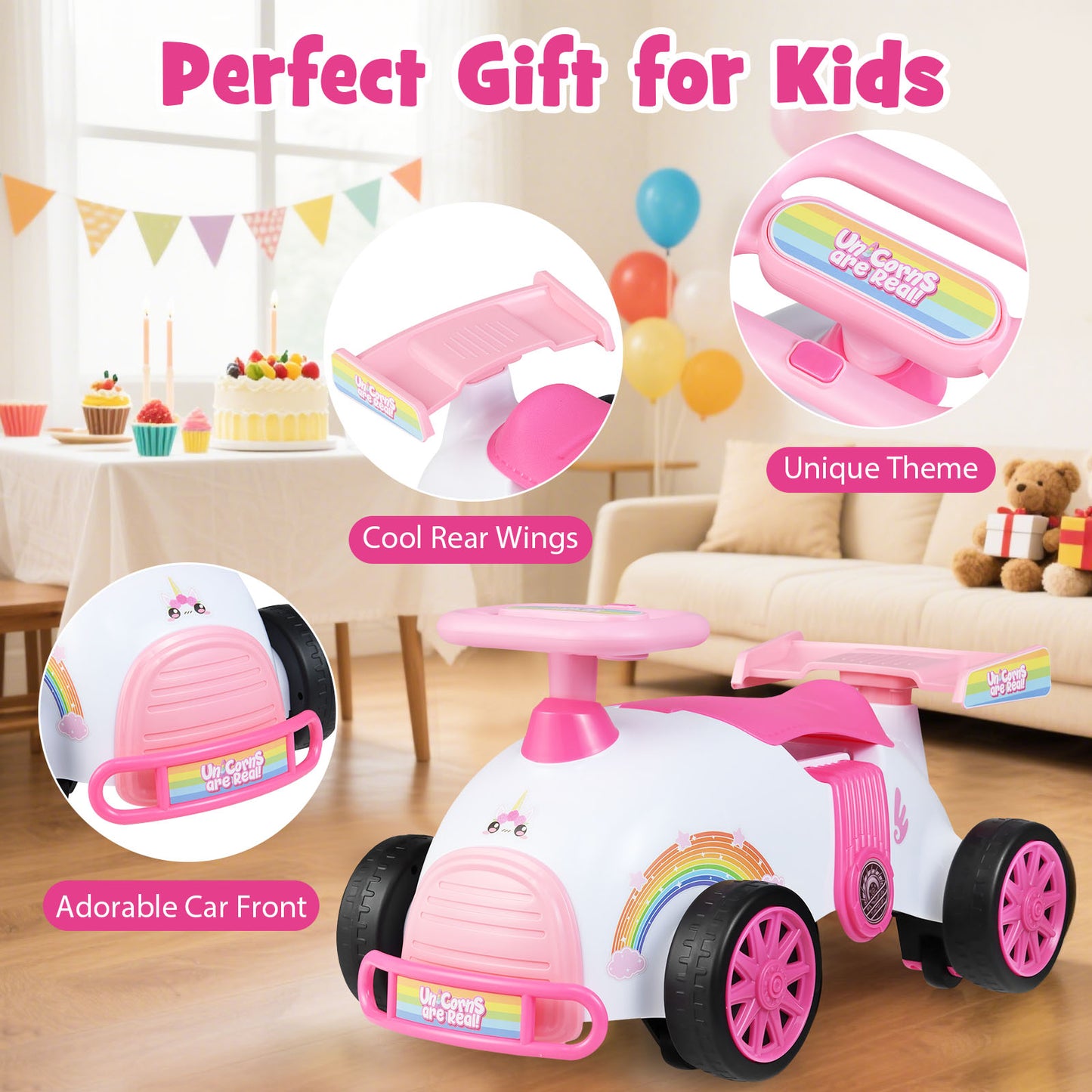 Kids Ride On Car Sliding Toy with Music and Cool Rear Wings-Pink