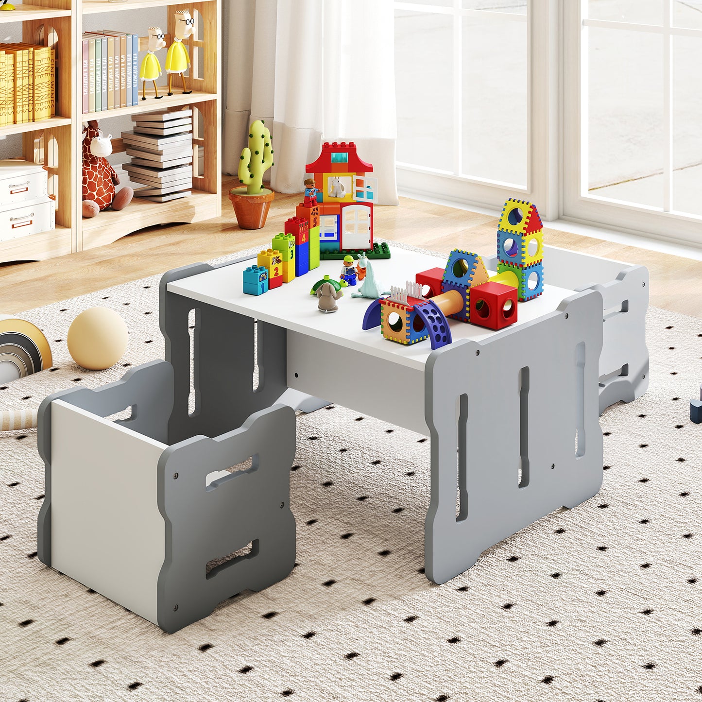Kids Table and Chair Set 3-Piese Toddler Set with 2 Stools and Activity Table-Grey