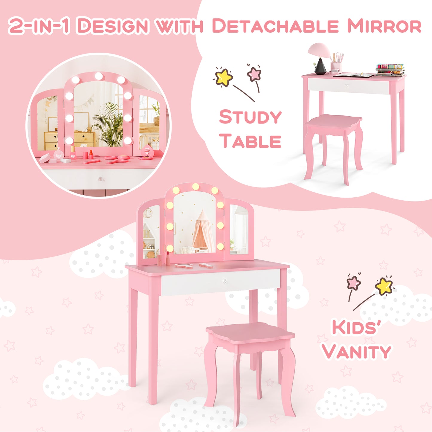 Kids Vanity Table with Mirror and Lights Princess Makeup Vanity Desk-Pink