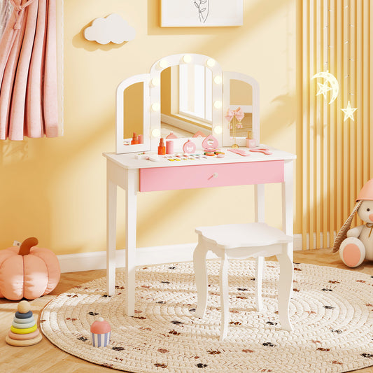 Kids Vanity Table with Mirror and Lights Princess Makeup Vanity Desk-White