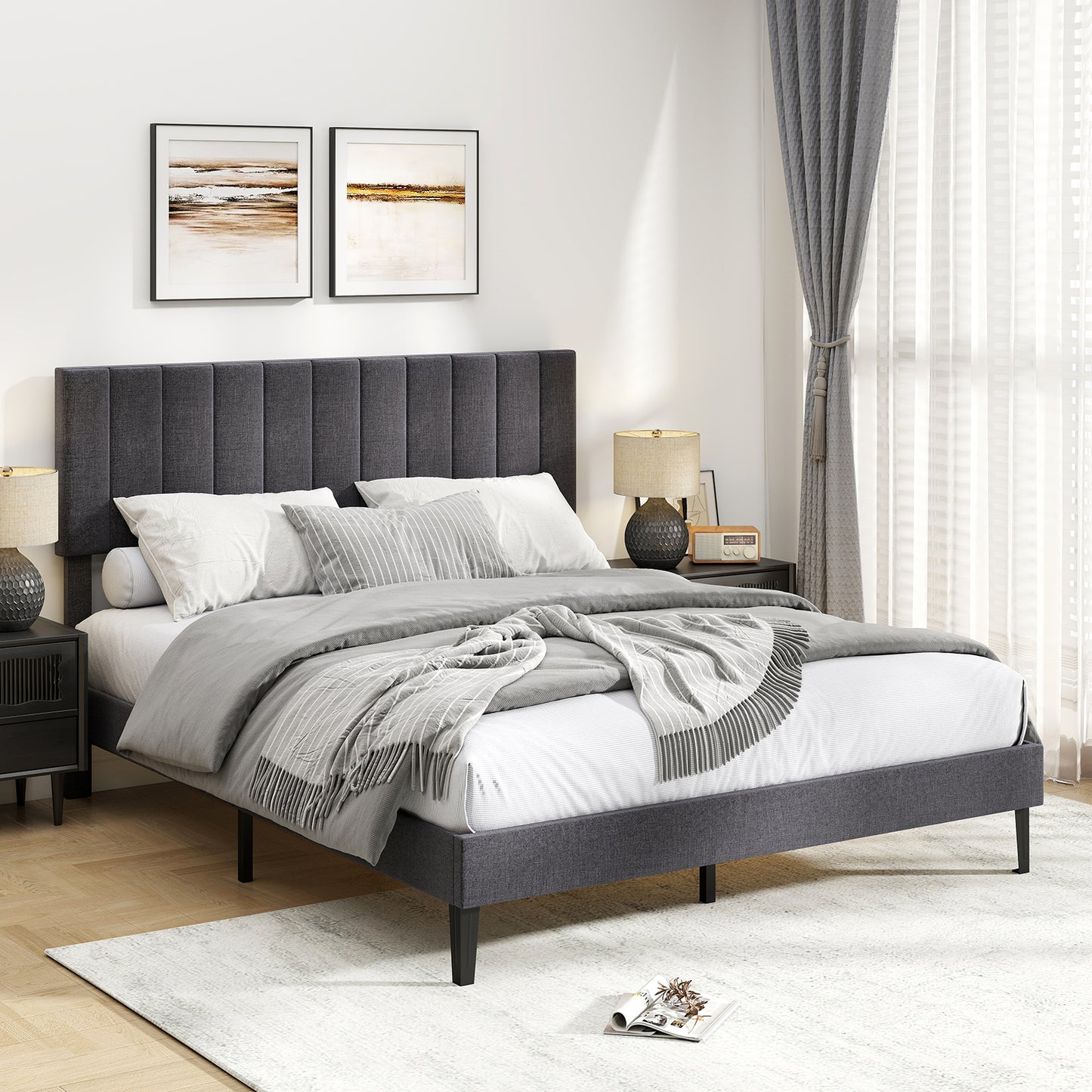 King/Double Size Linen Fabric Bed Frame with Height Adjustable Headboard-Grey-King Size