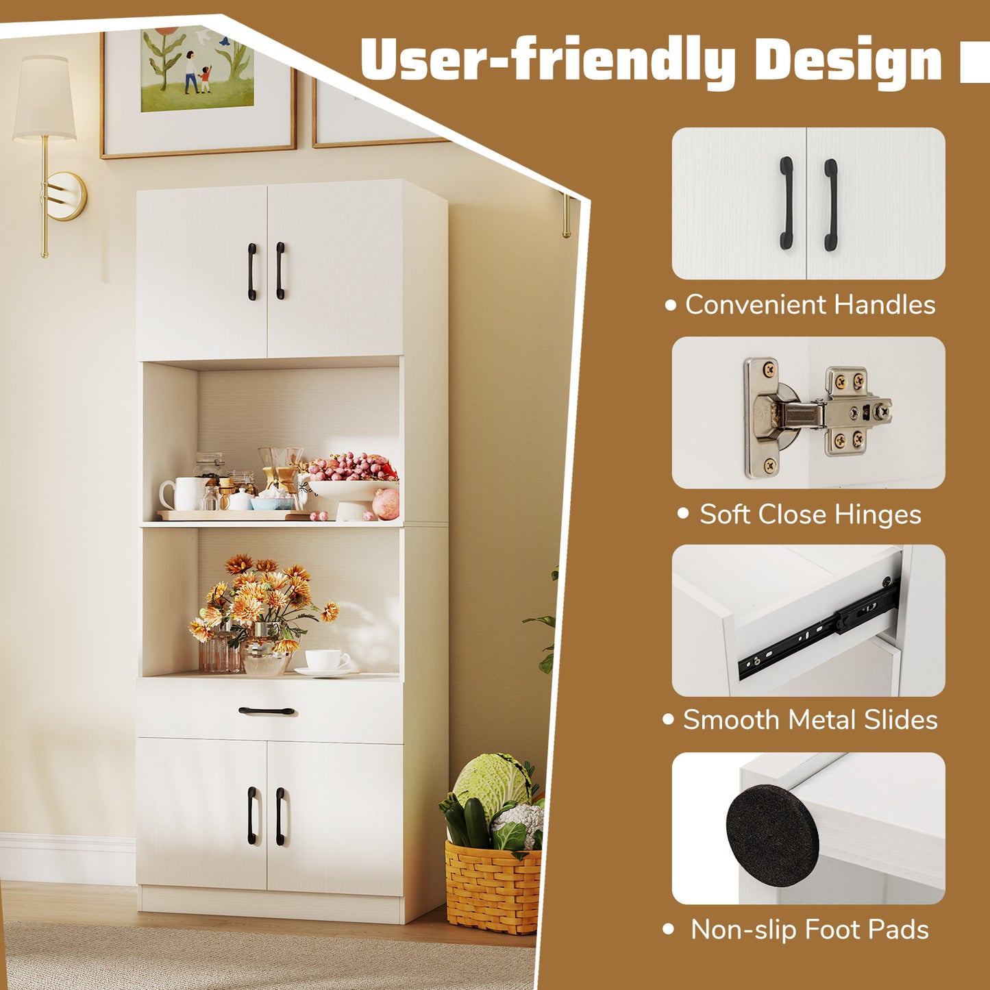 Kitchen Pantry Cabinet with Charging Station 168 cm Tall Cupboard with 4 Doors and 2 Adjustable Shelves-White