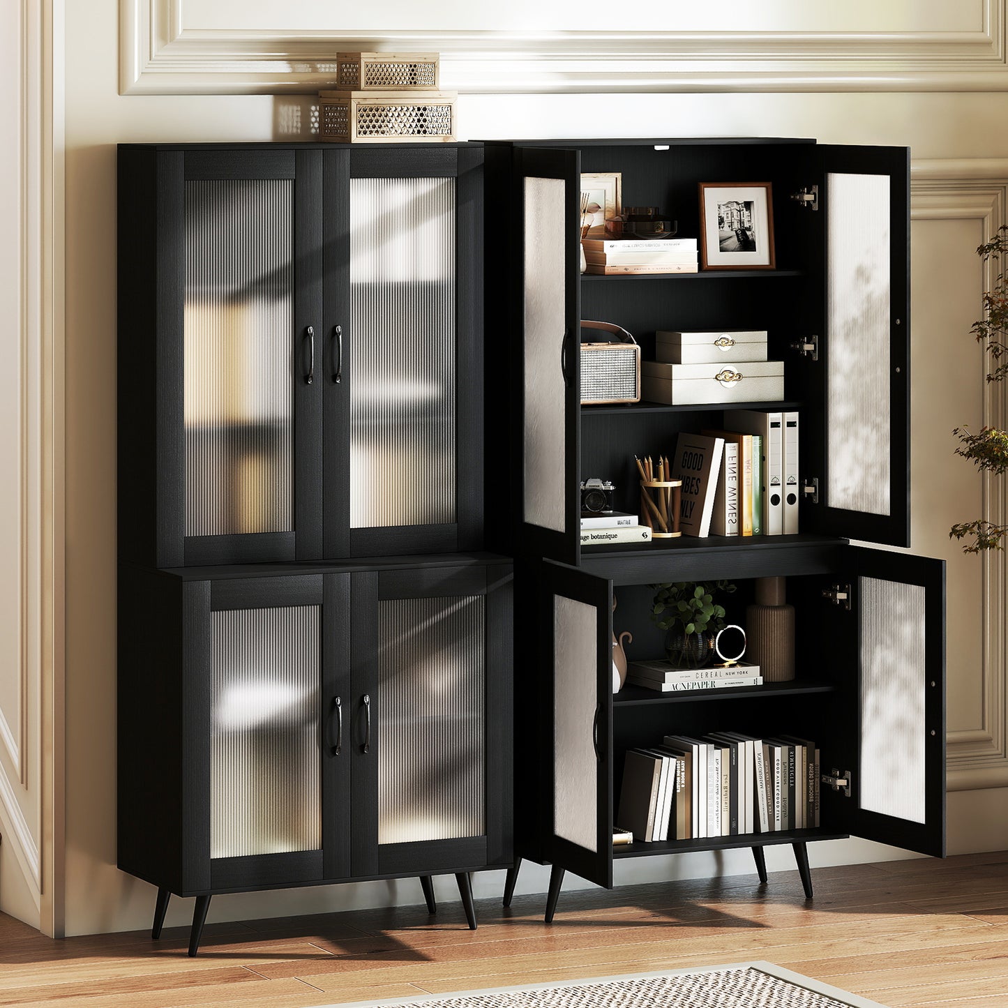 Kitchen Pantry Cabinet with Transparent Doors and Metal Legs-Black