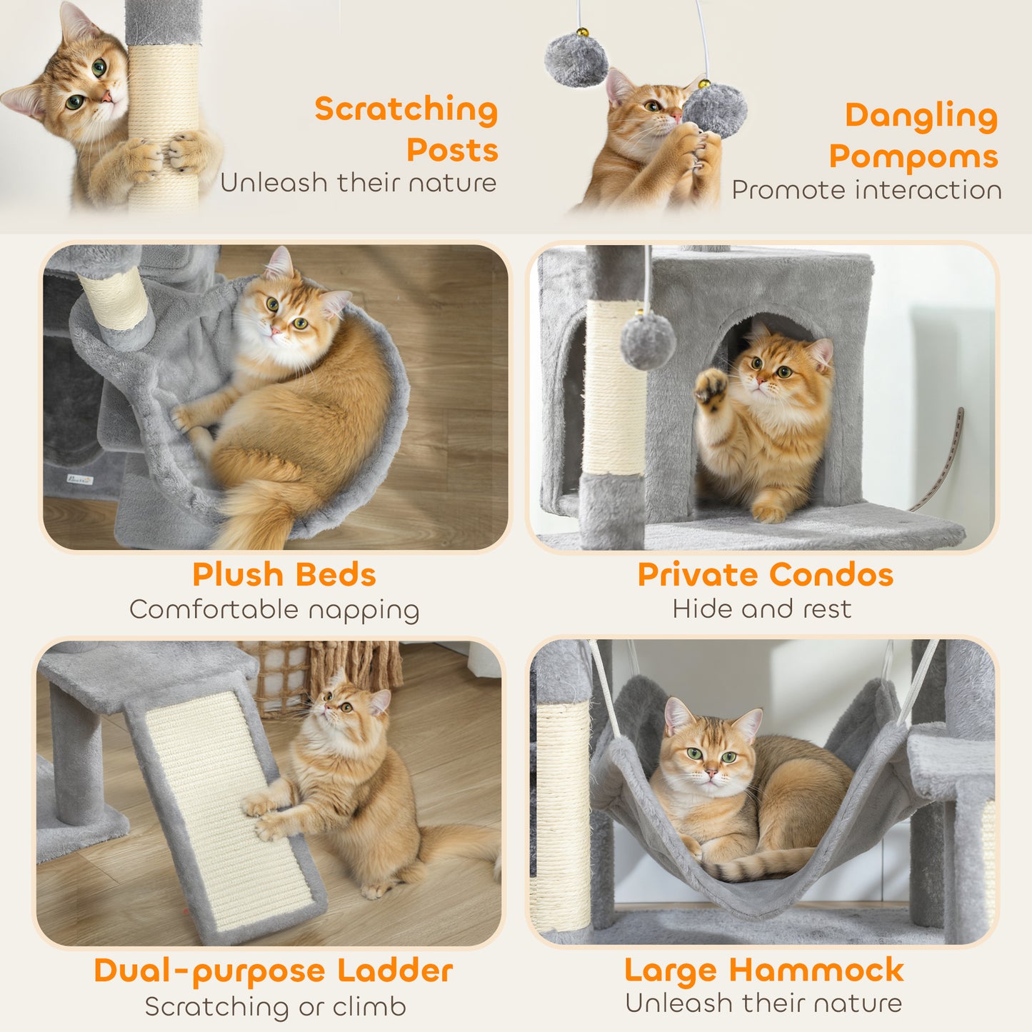 PawHut Cat Tree, 192 cm Large Multi-Level Cat Tower for Indoor Kittens with 8 Scratching Posts, 3 Plush Beds, 2 Hammocks