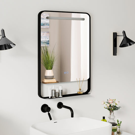 LED Bathroom Mirror with Shelf and Rounded Corner with 3 Light Colors-Black