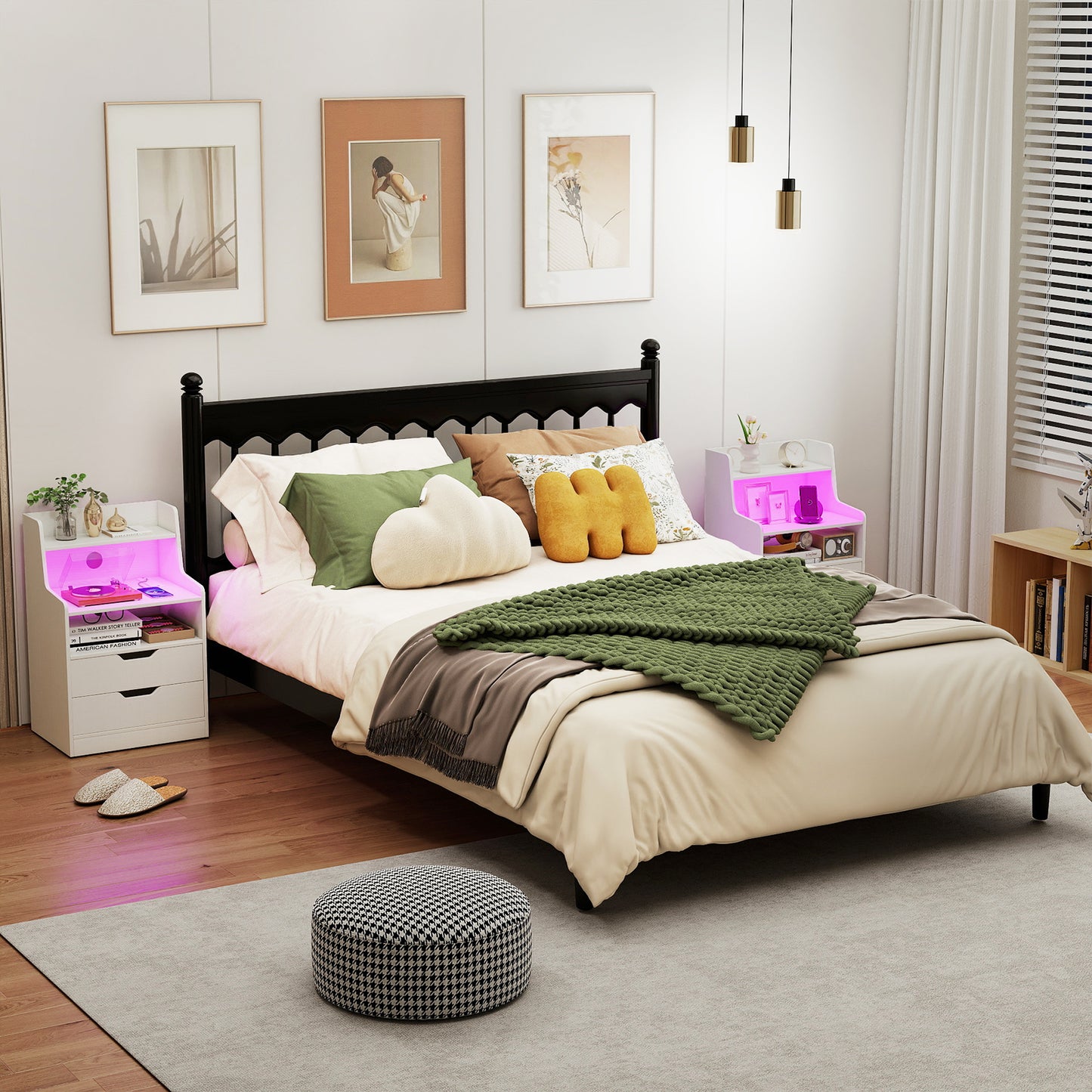 LED Nightstand with Charging Station 2-Drawer Bedside Table with Open Shelf-White