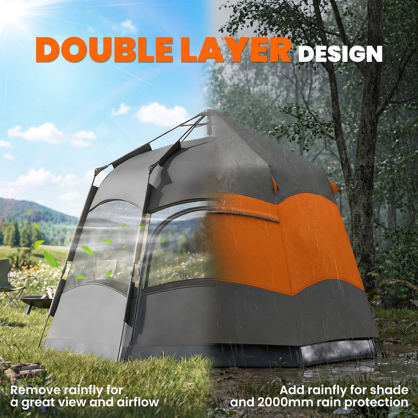 Outsunny Double Layer Instant Pop Up Tent with Rainfly, Portable Camping Shelter with Sewn-in Groundsheet and Carry Bag, Orange