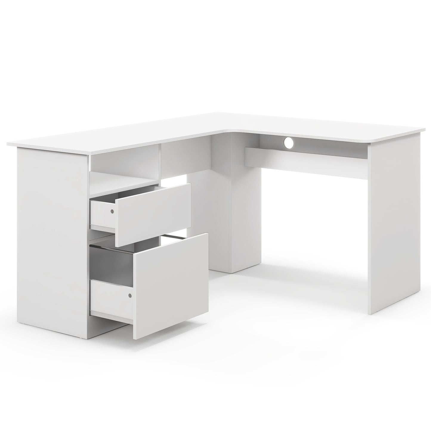 L Shaped Computer Desk with Letter File Drawer and Open Compartment-White