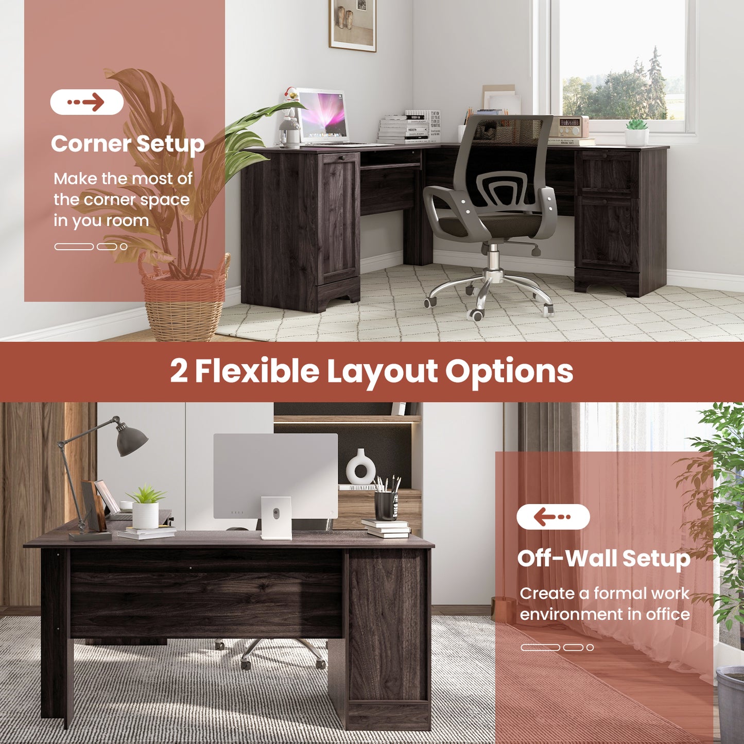 L-Shaped Corner Computer Desk with Drawers and Keyboard Tray-Dark Brown