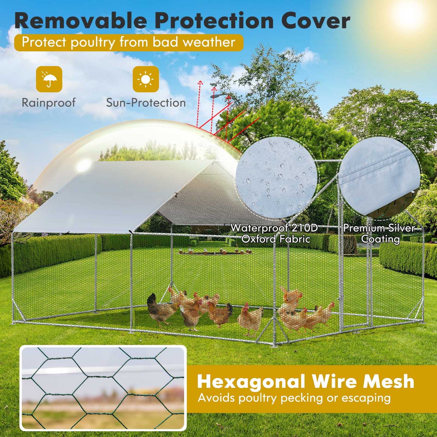 Large Spire-Shaped Chicken Coop with Sun-Protective Cover-400 cm x 300 cm x 195 cm
