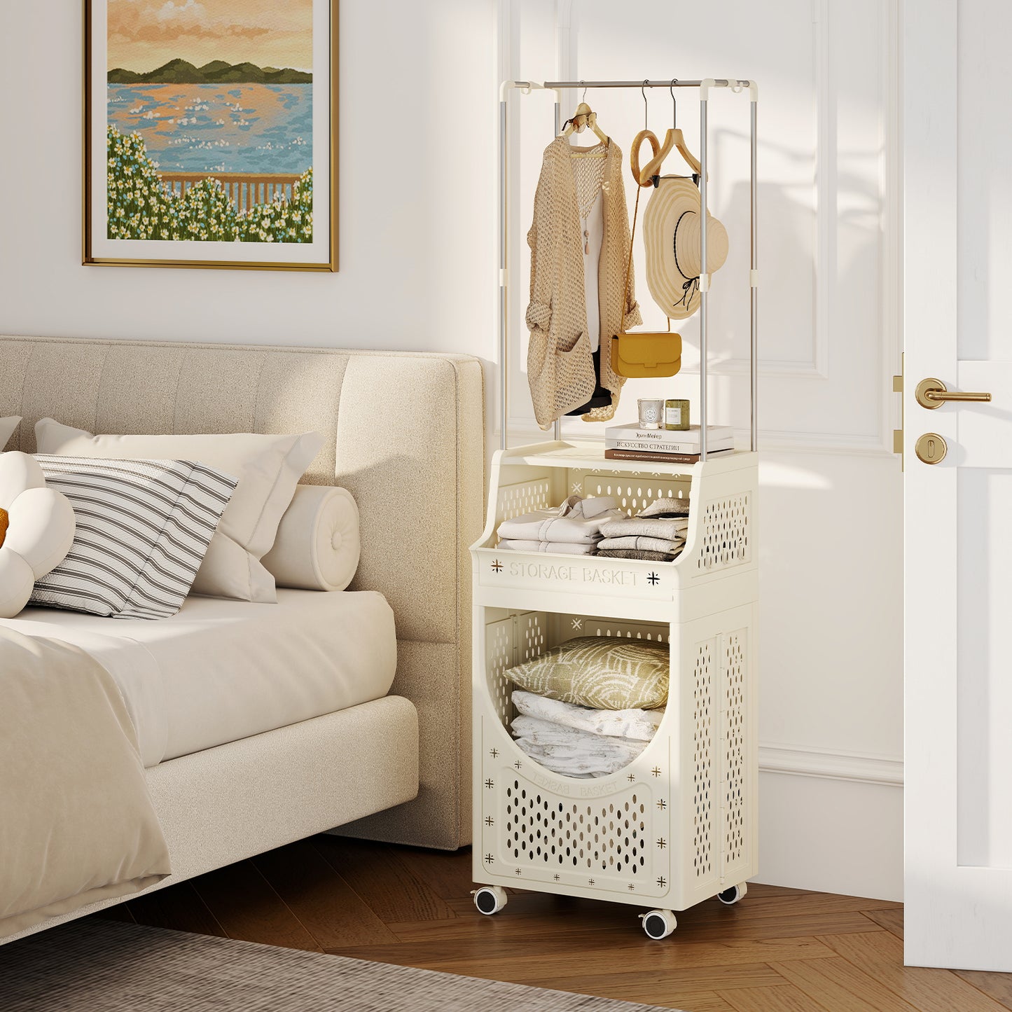 2-in-1 3/4-Tier Laundry Cart with Hanging Bar and Lockable Wheels-3-Tier-Beige