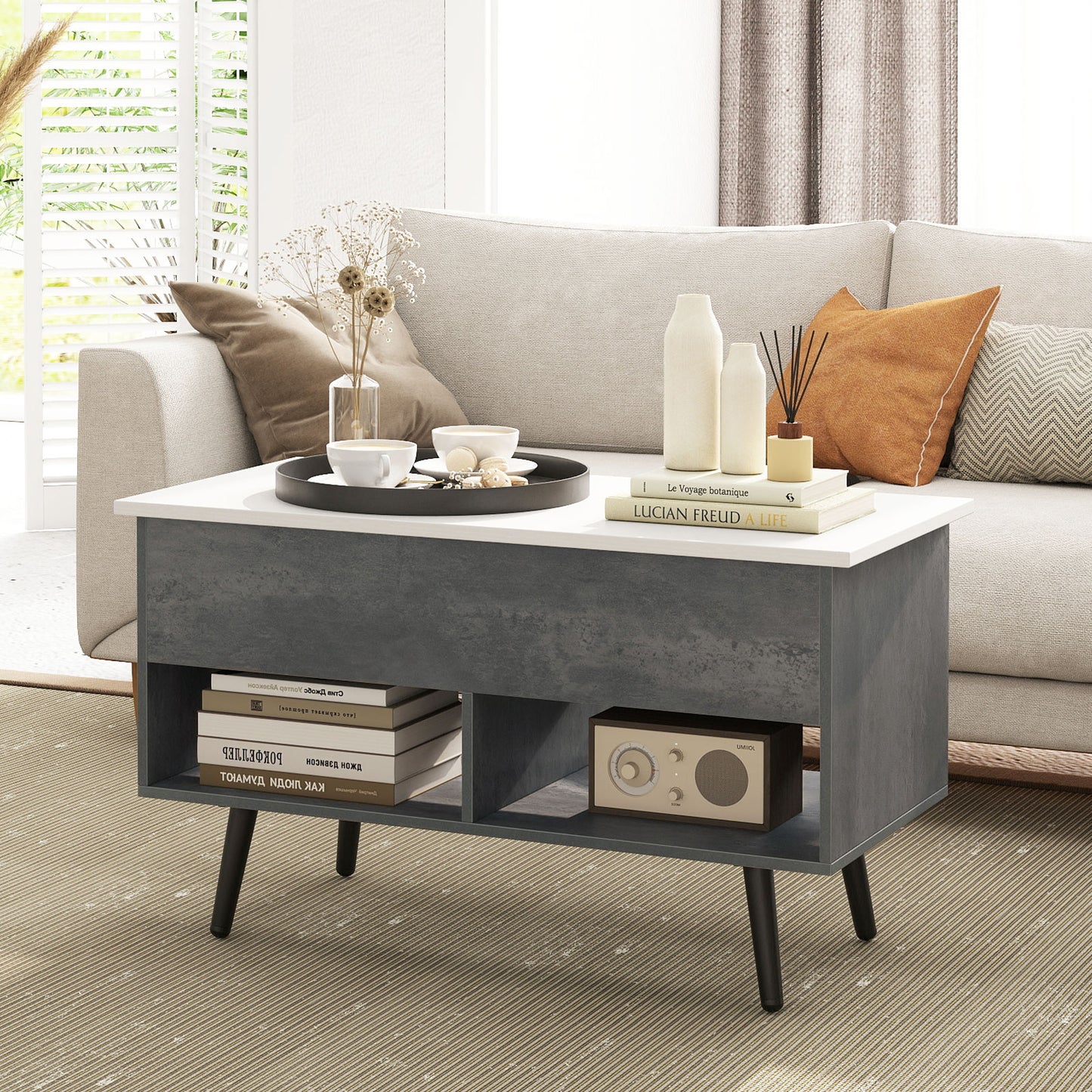 Lift Top Coffee Table with Hidden Compartment and Open Storage Shelves-Grey