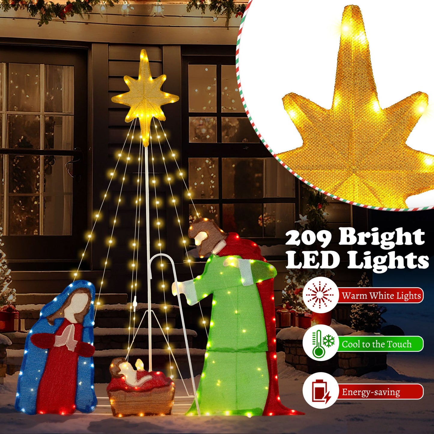 Nativity Scene Pre-lit Holy Family Christmas Decoration with 209 Warm White LED Lights