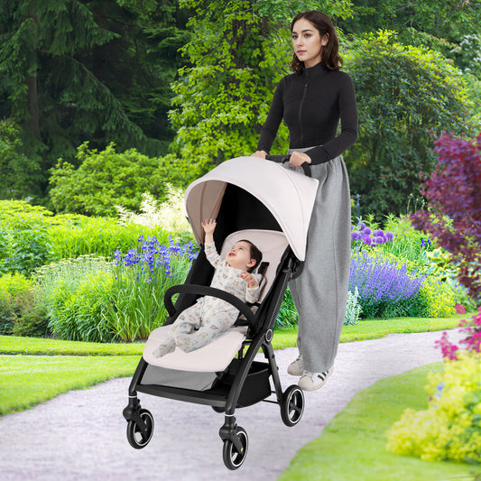 Lightweight Foldable Baby Stroller with Adjustable Backrest and Canopy-Beige