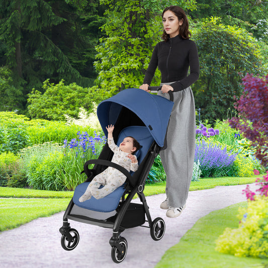 Lightweight Foldable Baby Stroller with Adjustable Backrest and Canopy-Navy