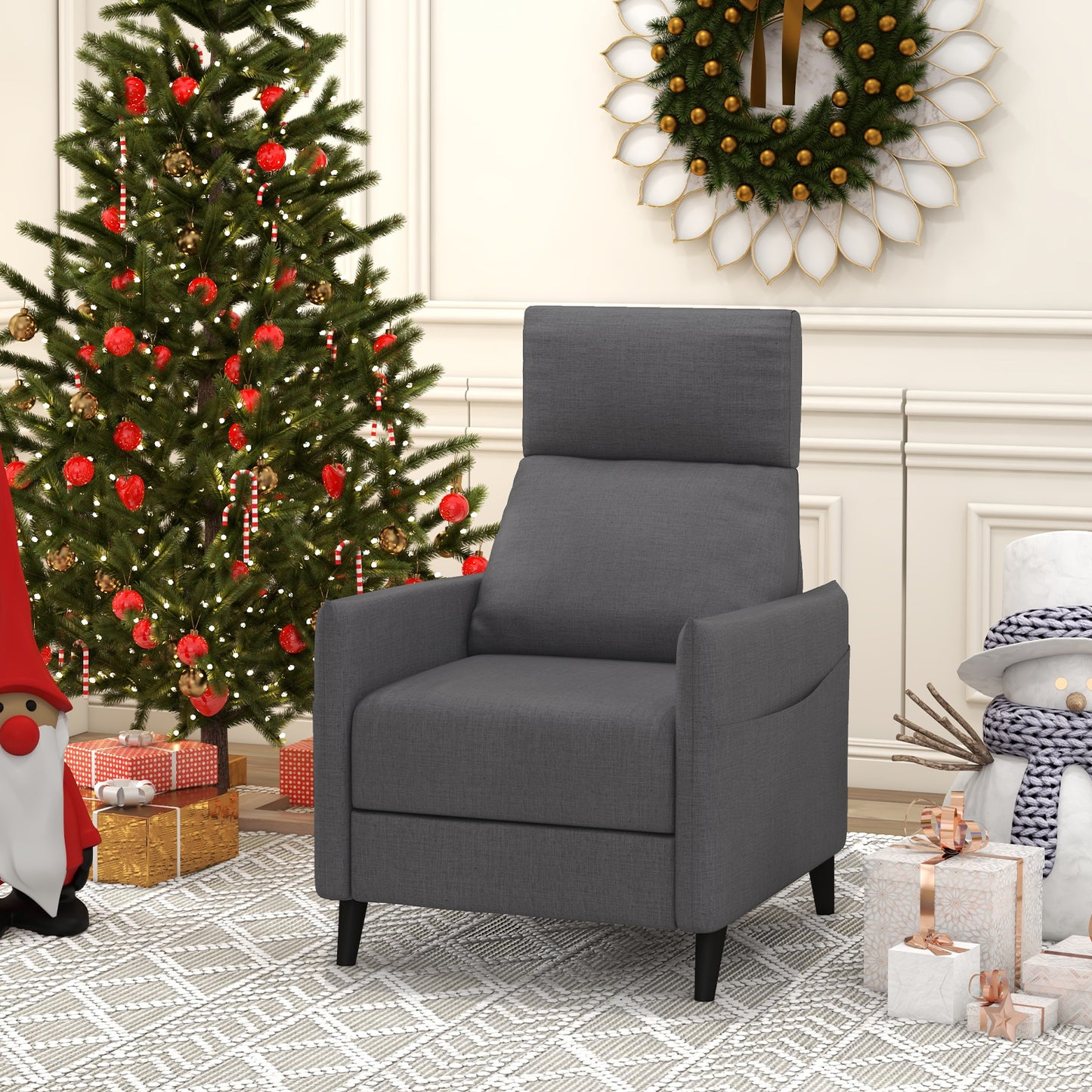 Linen Fabric Push Back Recliner Armchair with Adjustable Backrest and Footrest-Dark Grey