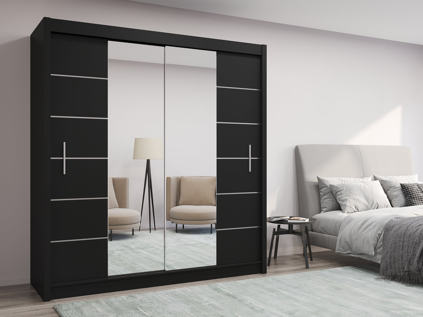 Elegant 2 Door Sliding Mirror Wardrobe Artisan Oak, Black, White, Grey, 203cm