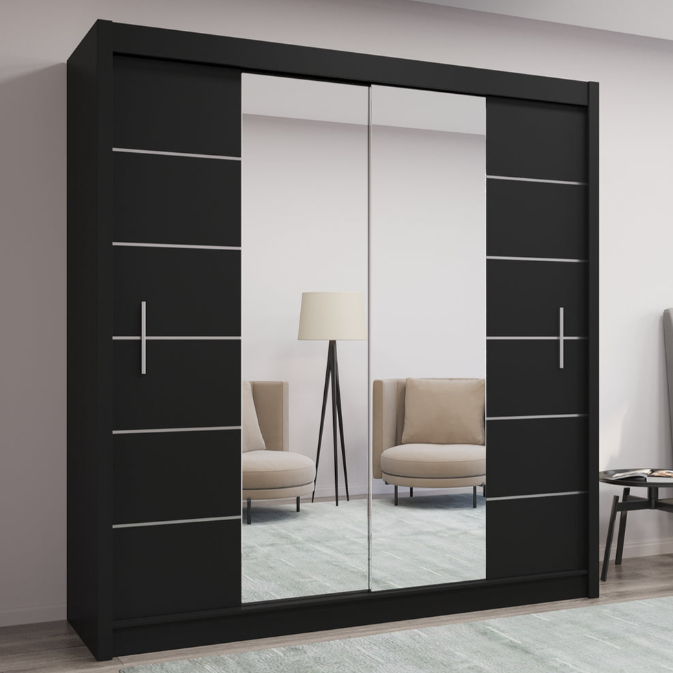 Elegant 2 Door Sliding Mirror Wardrobe Artisan Oak, Black, White, Grey, 203cm