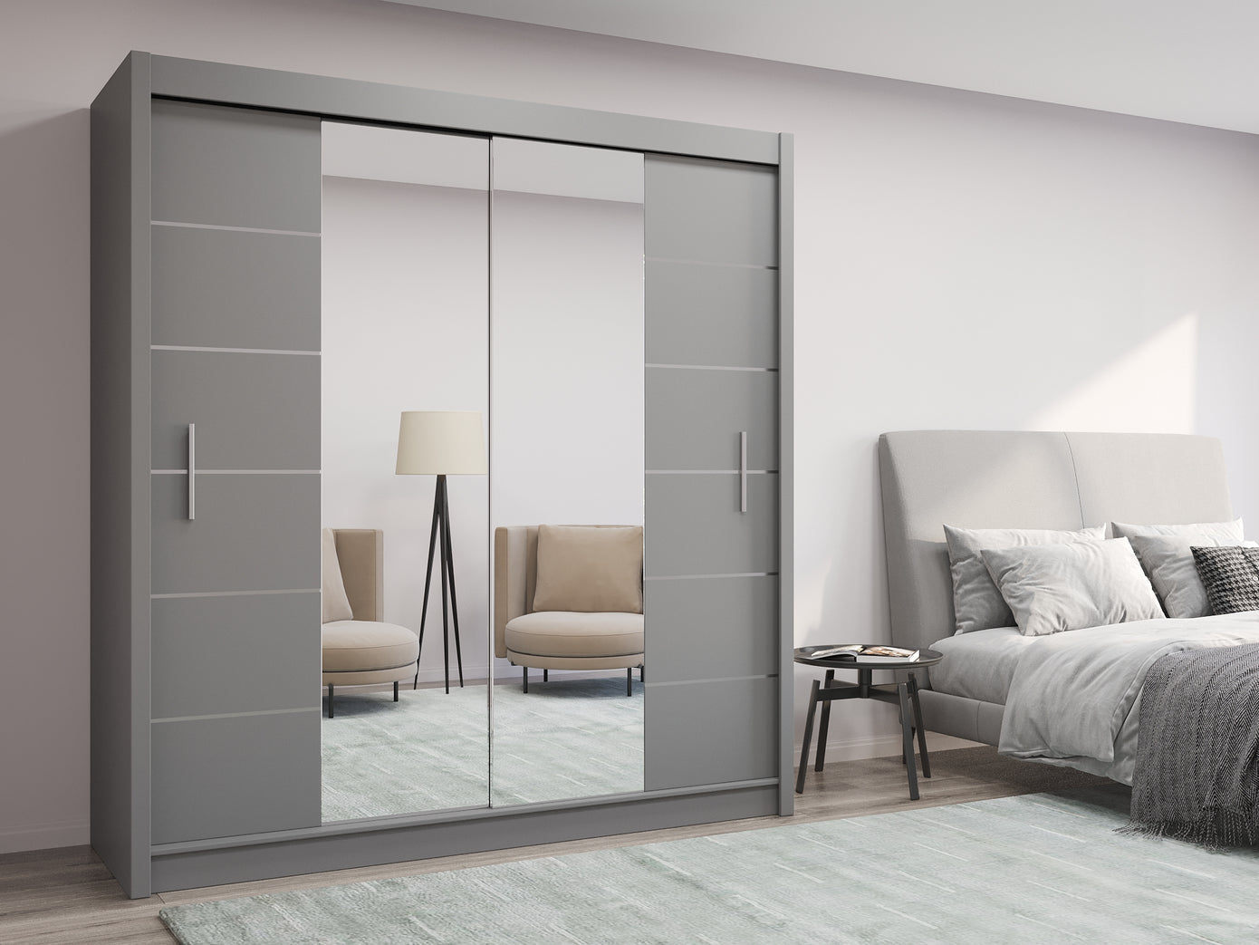 Elegant 2 Door Sliding Mirror Wardrobe Artisan Oak, Black, White, Grey, 203cm