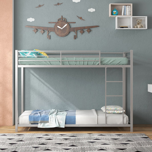Low Profile Single Over Single Bunk Beds with Ladder and Full-length Guardrails-Silver