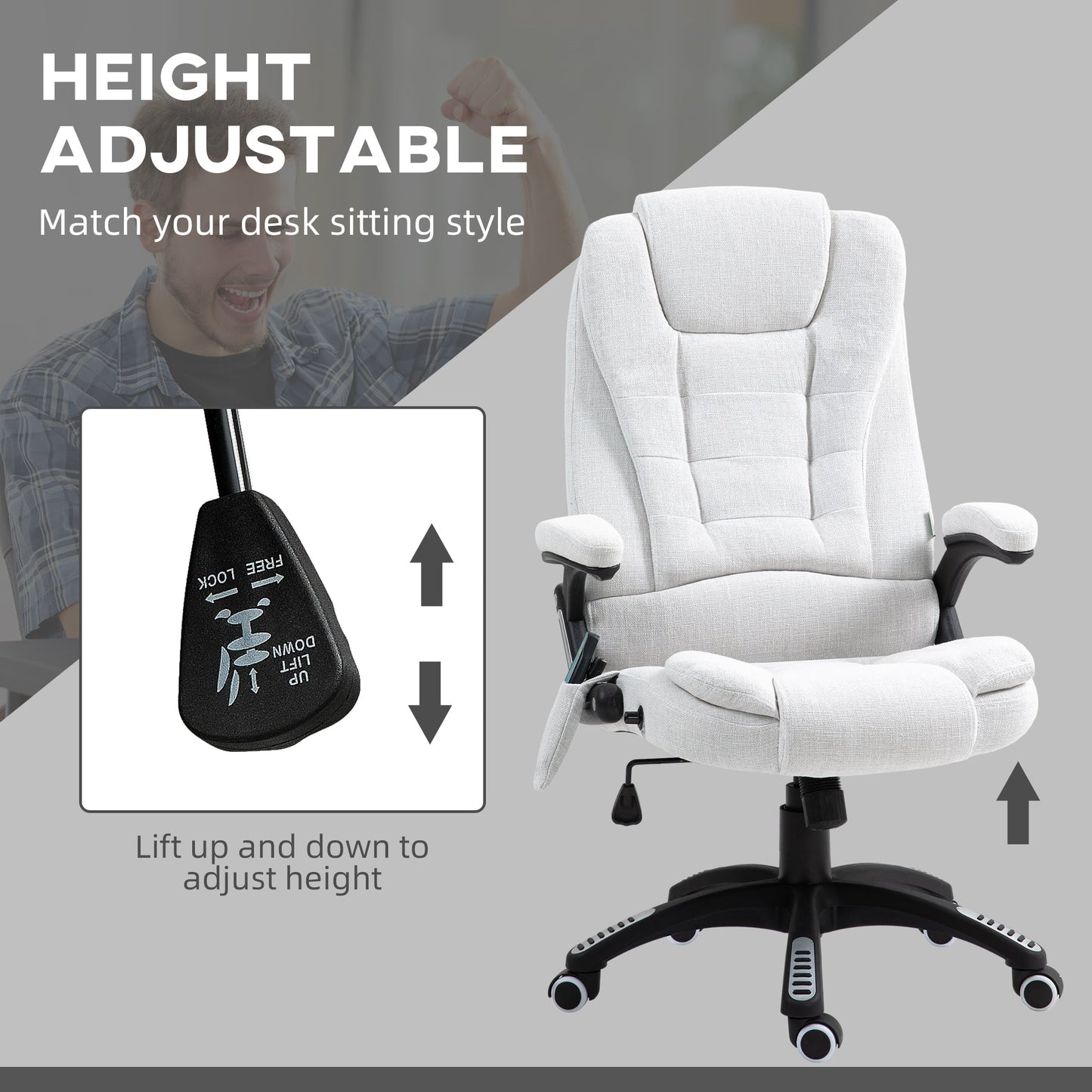 Vinsetto Massage Recliner Chair Heated Office Chair with Six Massage Points Linen-Feel Fabric 360 Swivel Wheels Cream White