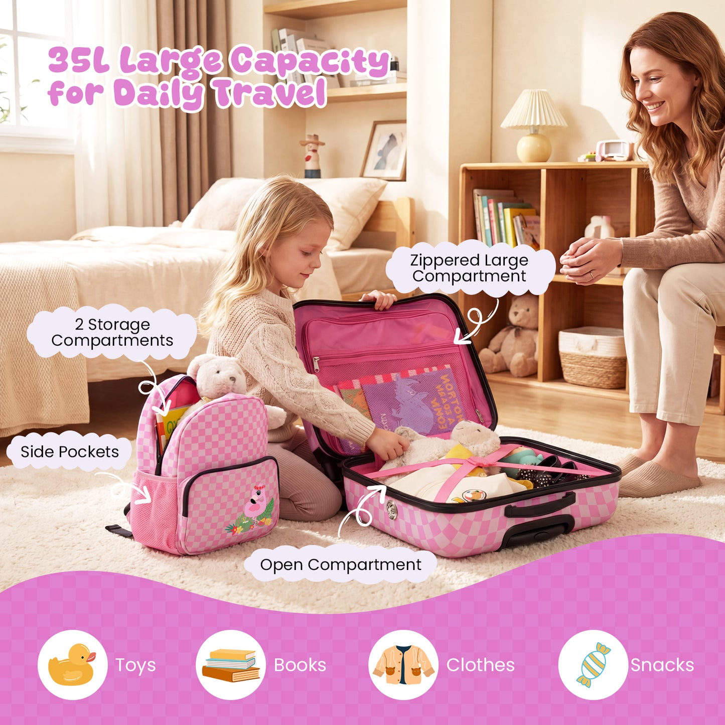 2 Pieces Kid Luggage Set with Spinner Wheels and Lanyard for Carry Strap-Pink & White